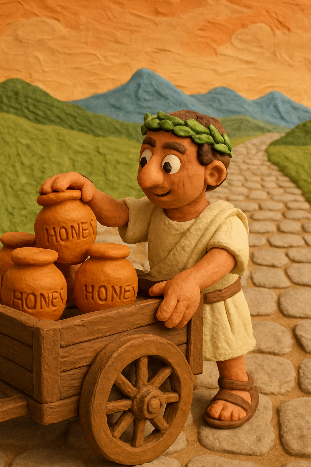 The story continues with a clay Roman merchant puppet packing honey jars into a w...