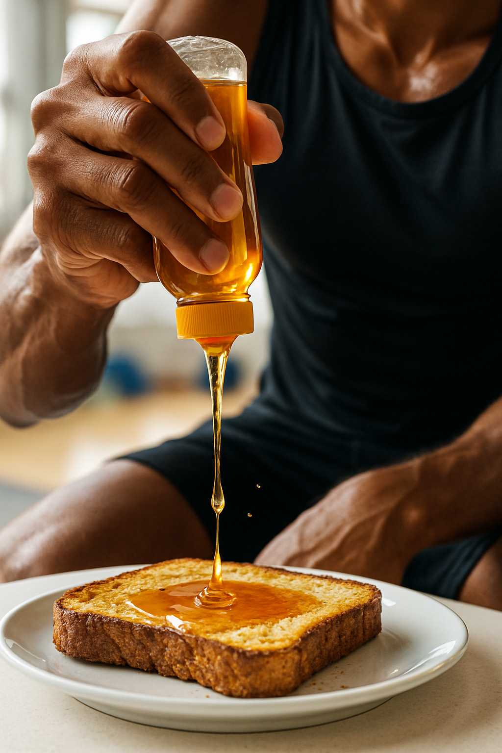 A detailed shot of an athlete’s hand squeezing honey onto warm, rustic toast. The...