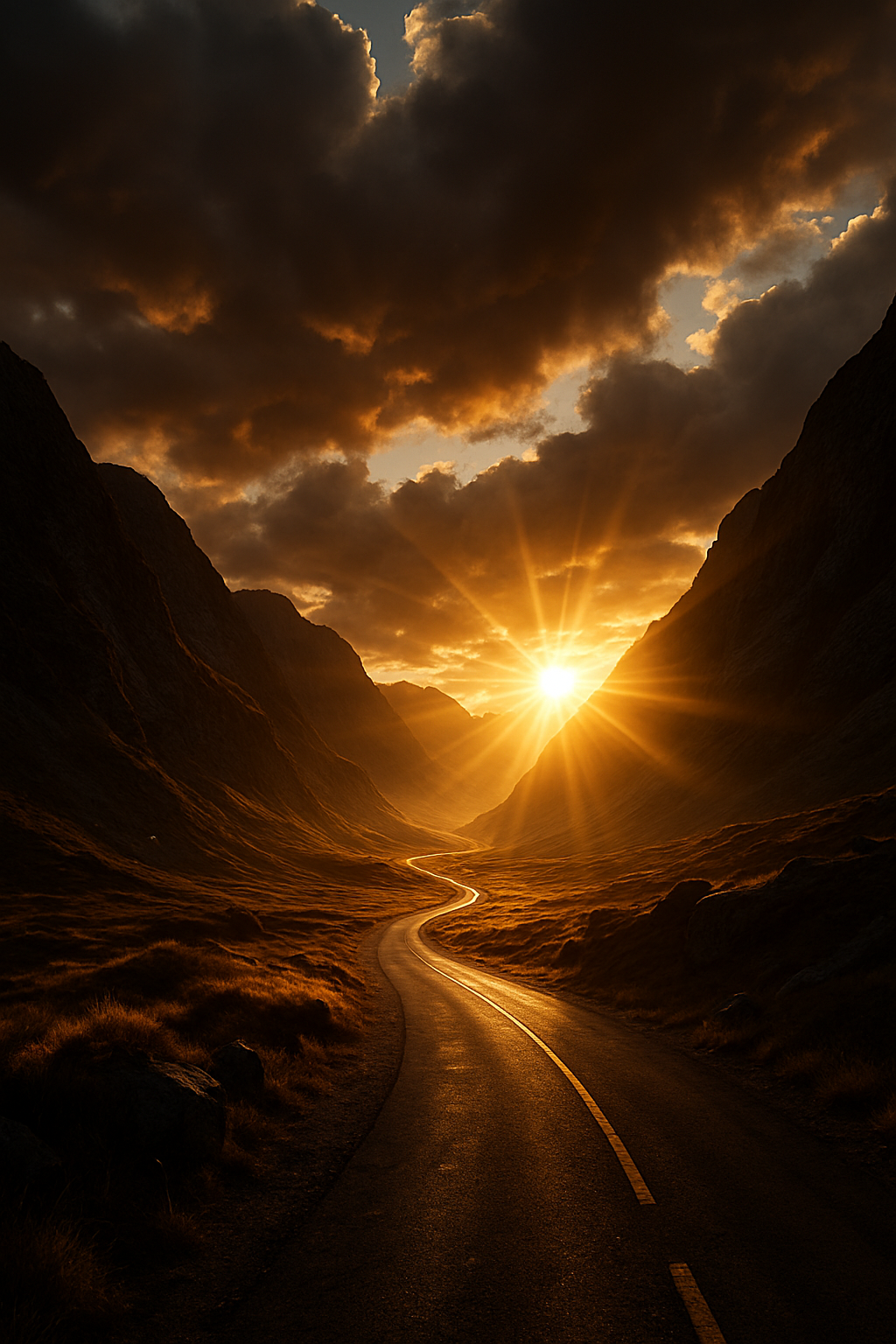 A dramatic scene of a mountain pass opening to a breathtaking sunrise, golden ray...