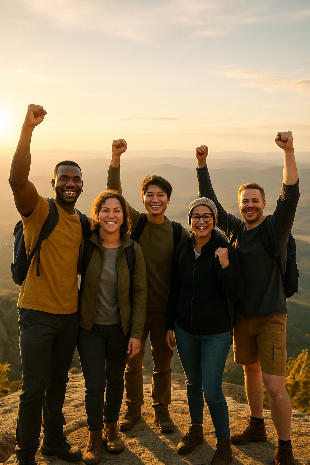 A diverse group of people standing together on a mountain peak, raising their han...