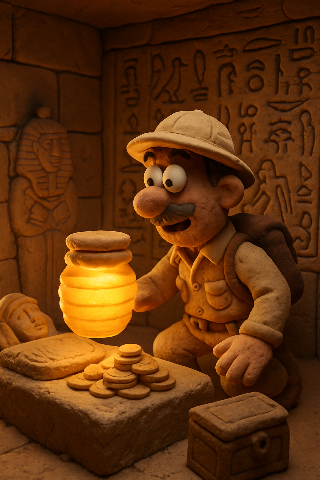 Transition to a clay-made, mysterious Egyptian tomb setting. The same puppet chef...