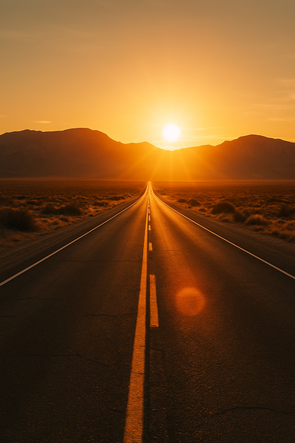 A long, empty highway stretching into the glowing sunrise, surrounded by open des...