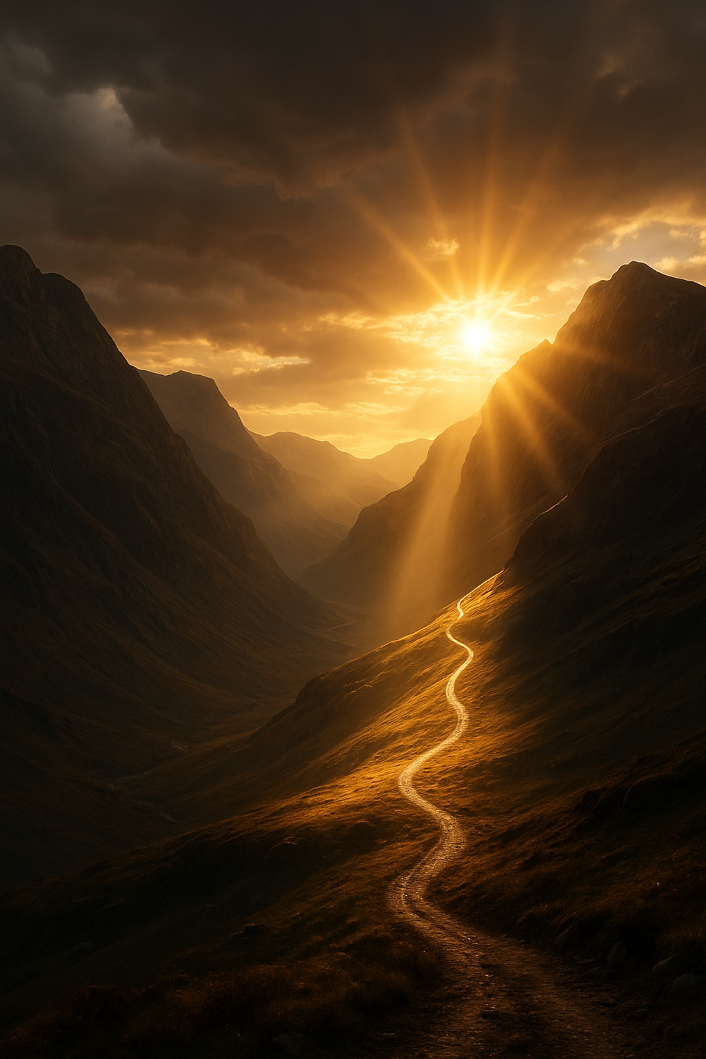 A cinematic vista of a deep valley, shadows hinting at challenges below, but a si...