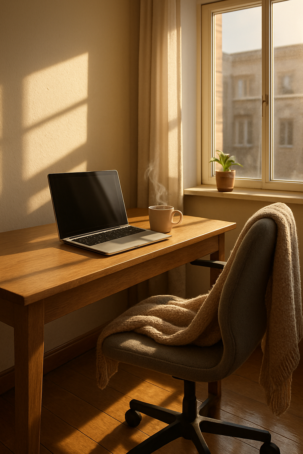A sunlit home workspace with a sleek laptop open on a wooden desk, a steaming mug...