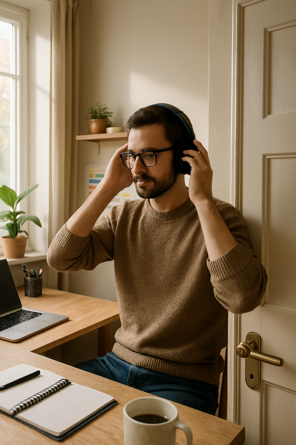 Add a person settling into the workspace, putting on wireless headphones. A calen...