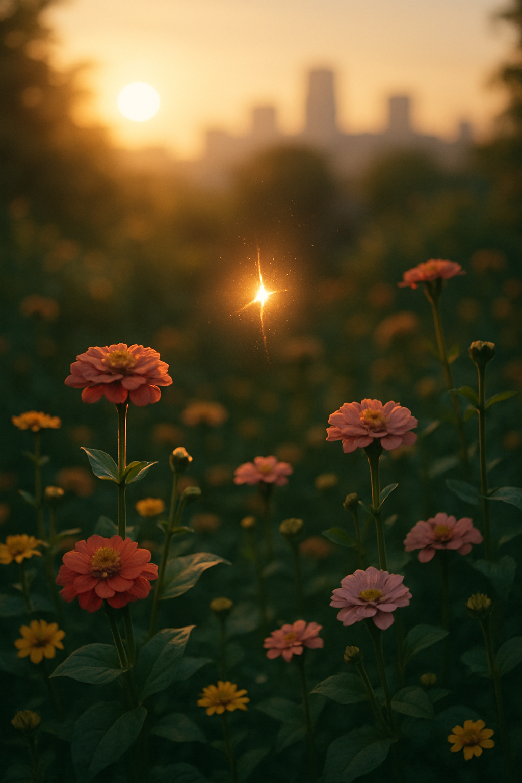 A close-up of a lush garden at golden hour, a single glowing spark from the city ...