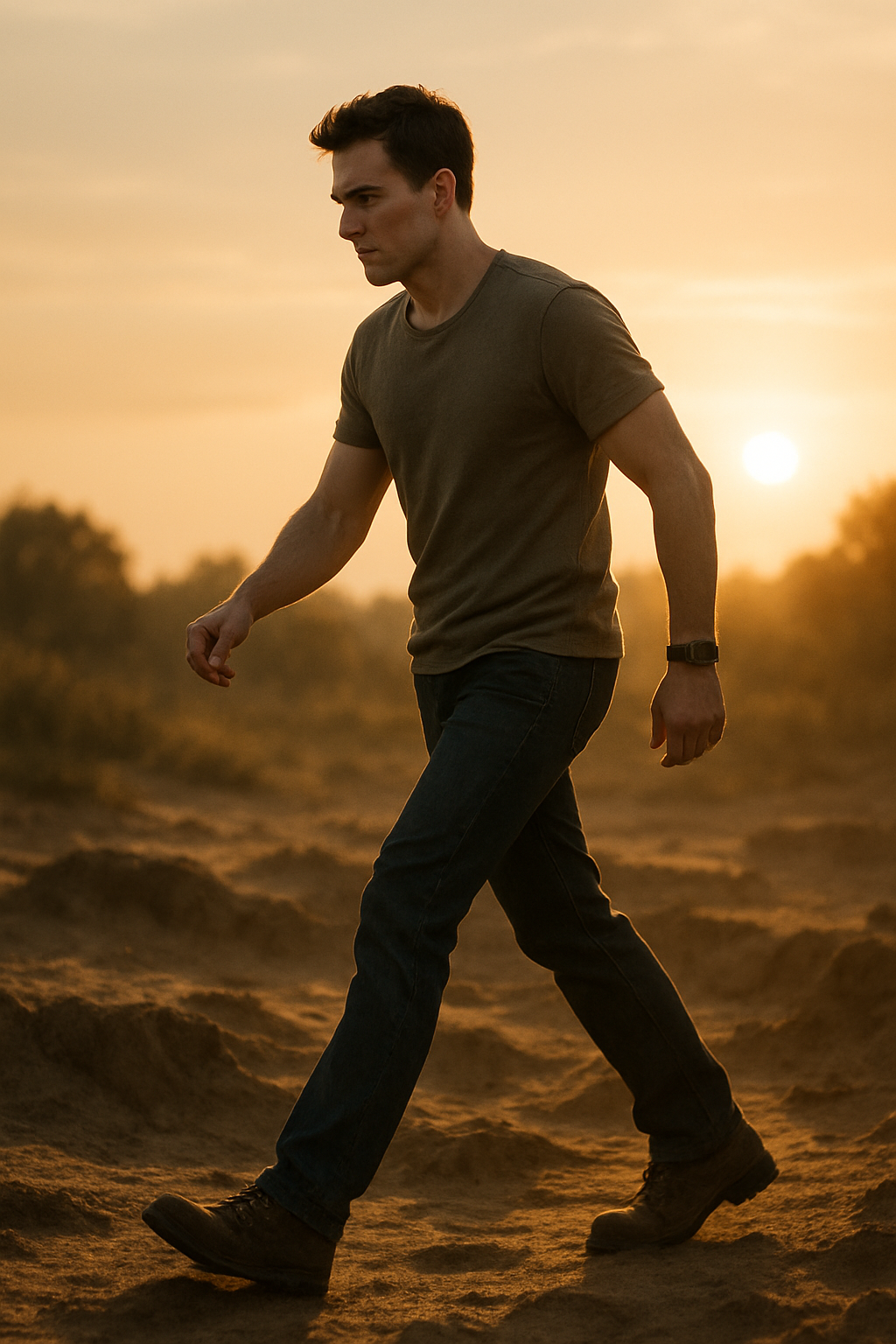 The person continues walking, facing gentle obstacles like uneven ground or shado...