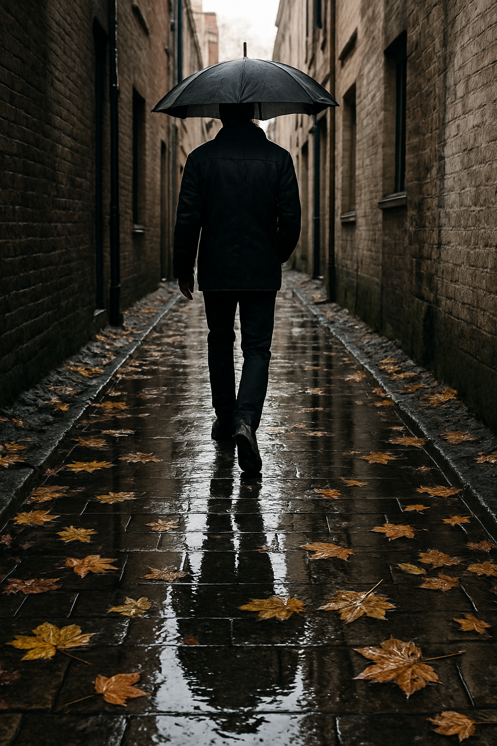 The figure walks slowly down a narrow alley, stepping over scattered fallen leave...