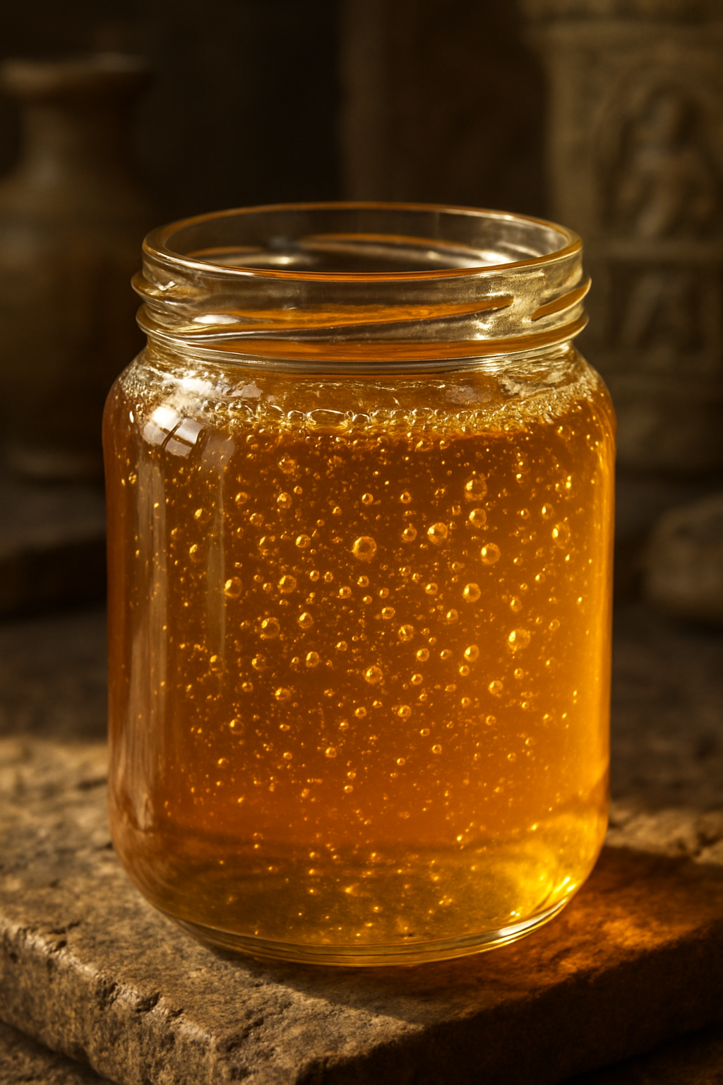 A stunning close-up of golden honey in a glass jar, its rich texture glowing in s...