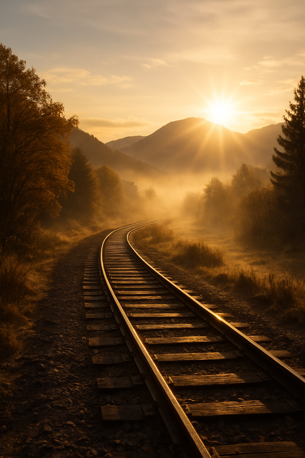An old train track curving into a misty golden valley. Surrounded by trees, morni...