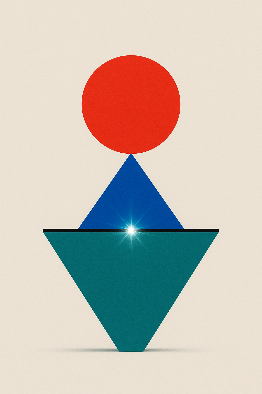 The line stabilizes and balances atop a teal geometric shape, with a small burst ...