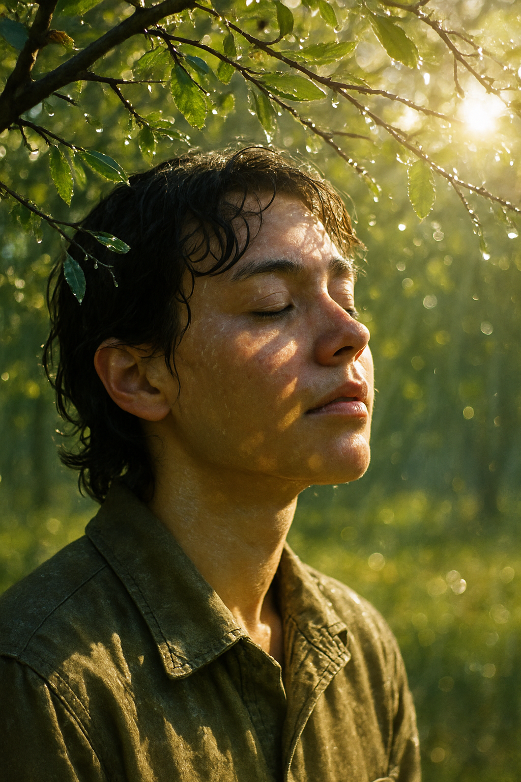 The figure pauses beneath a glistening tree, sunlight filtering through each leaf...