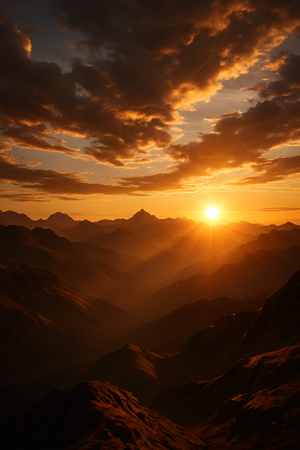 A photorealistic cinematic sunrise over a vast mountain range, golden hour light ...