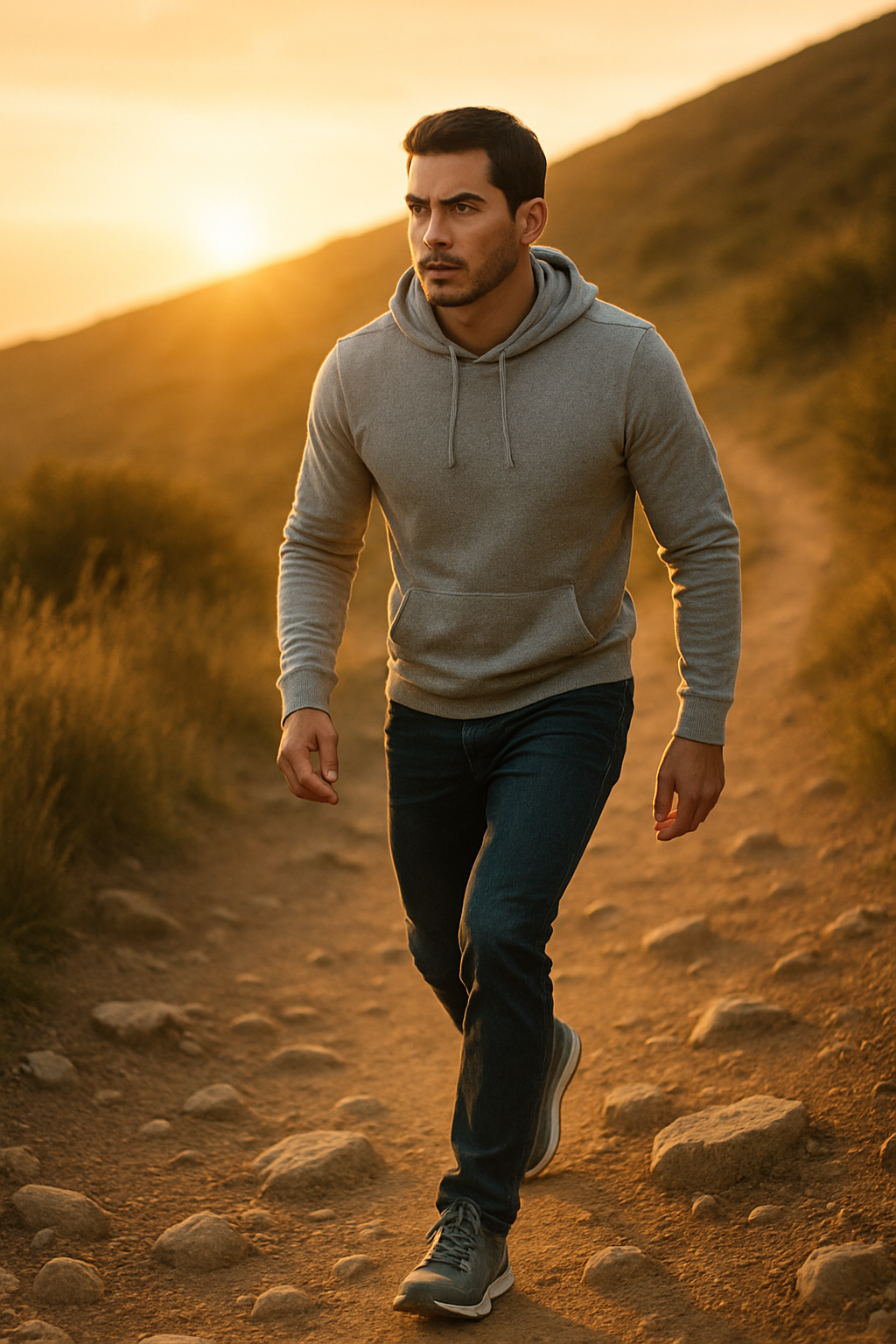 Moving further along the path, the man encounters a gentle incline with scattered...