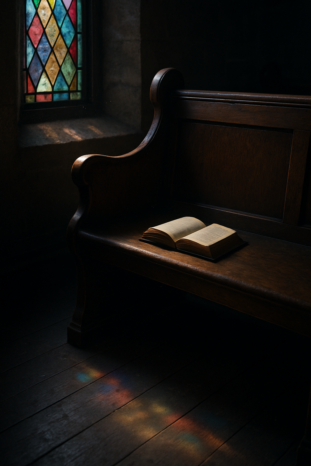 A dim, empty church pew at twilight. Sunlight barely filters through stained glas...