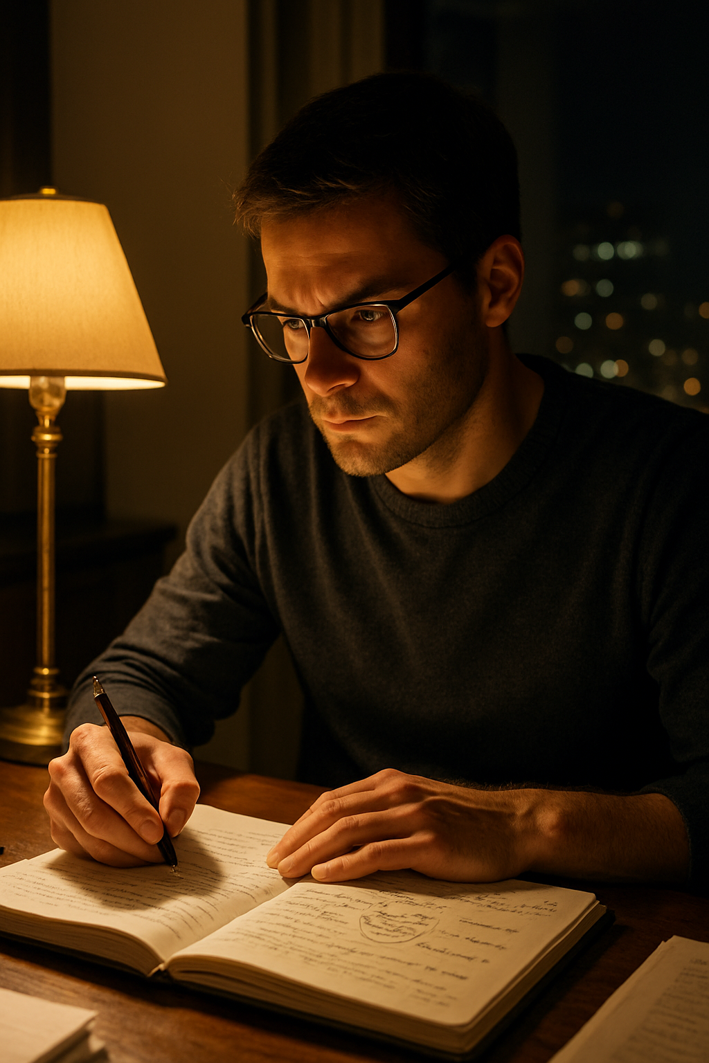 Evening setting: the person now working late at their desk, glowing lamp casting ...