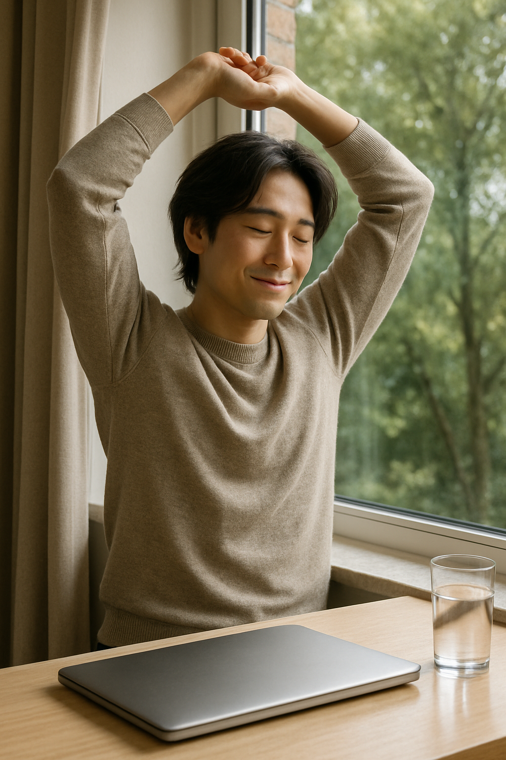 The same person stands by a window, stretching with a gentle smile. Their laptop ...