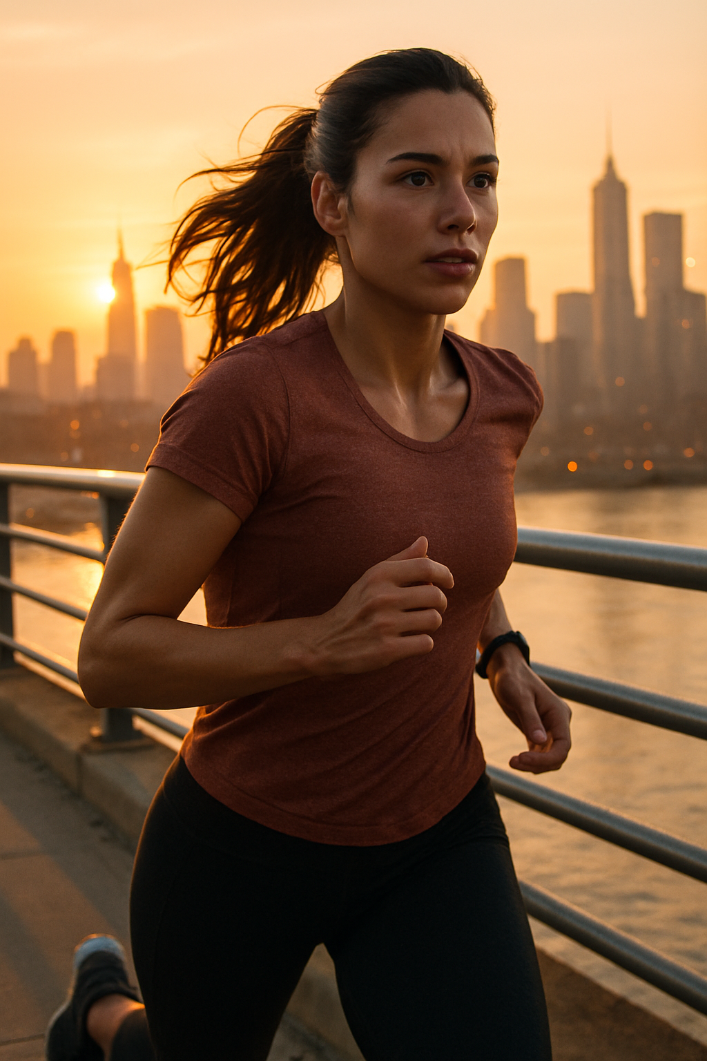 A young woman jogging across a bridge with sunrise behind her, city skyline glowi...