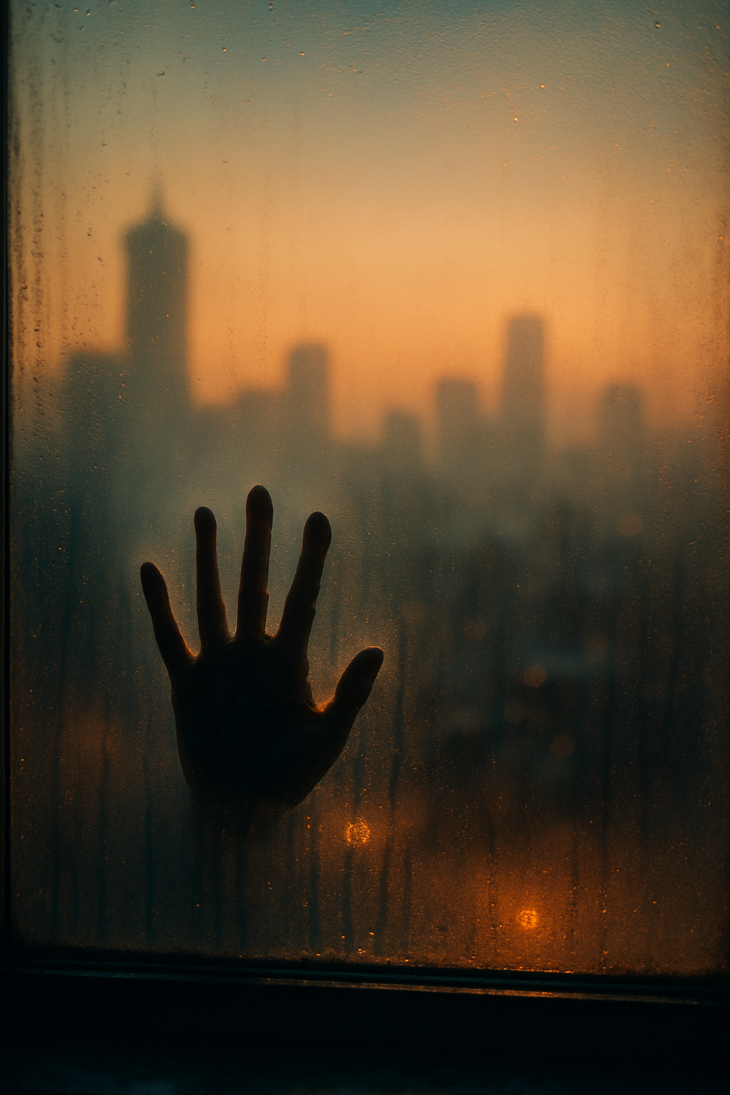 A fogged window overlooks a distant, indistinct city skyline bathed in early even...
