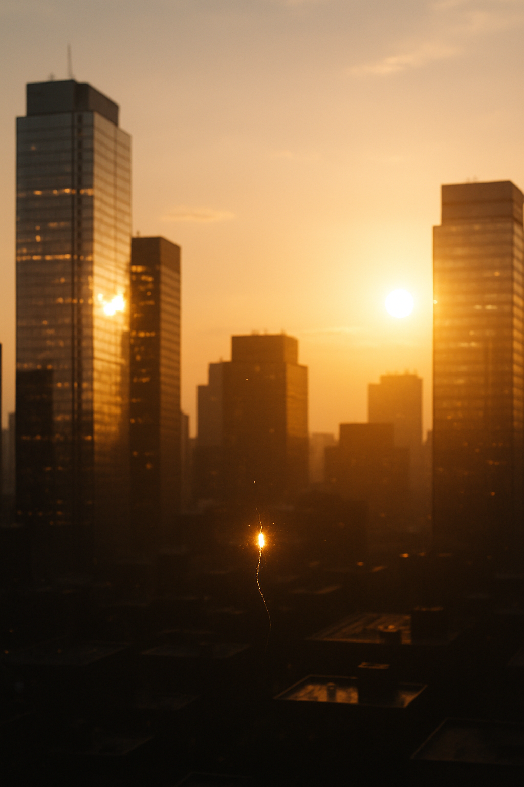 A golden hour cityscape, sunlight glinting off tall glass buildings, gentle lens ...