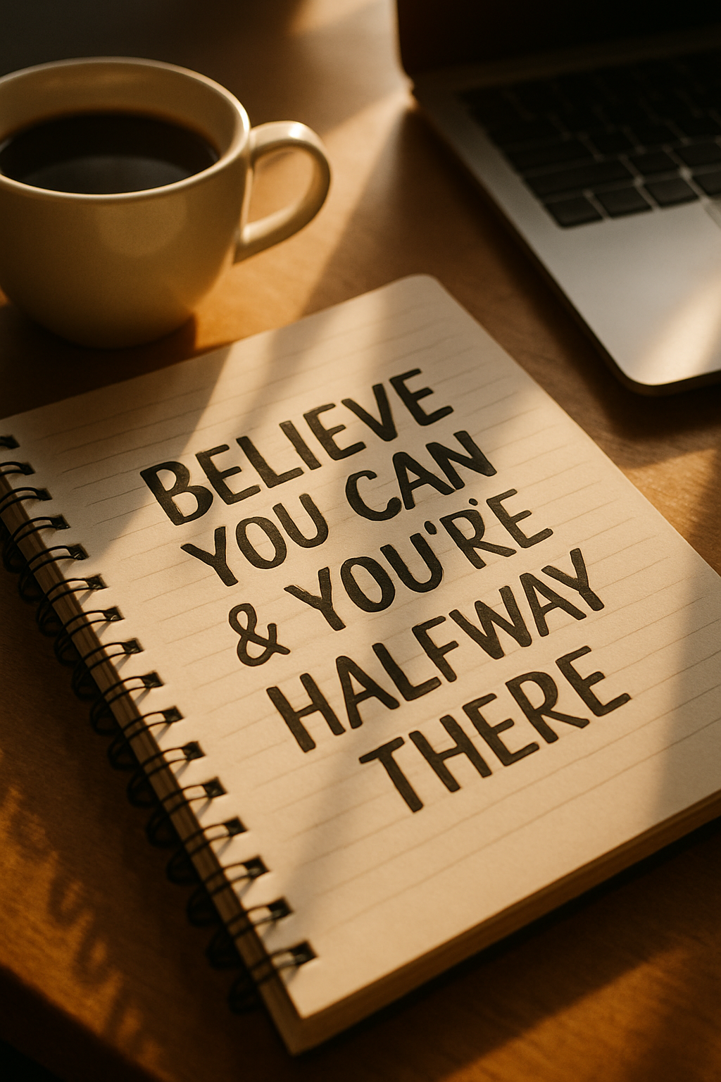 Close-up of a motivational quote handwritten on a notebook, next to a cup of coff...