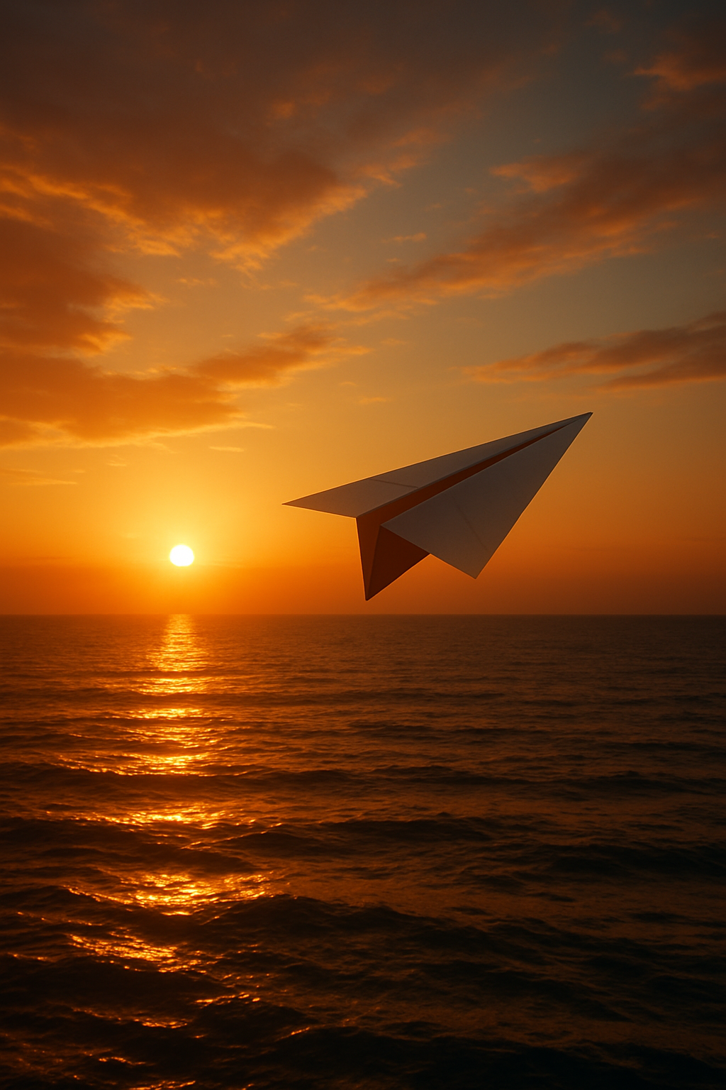 A paper airplane flying through the open sky at sunrise, caught mid-flight above ...