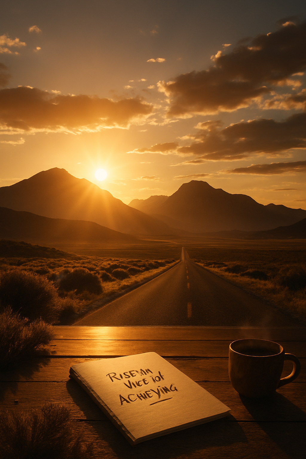 A cozy wooden desk in warm sunlight. A handwritten motivational quote on a notebo...