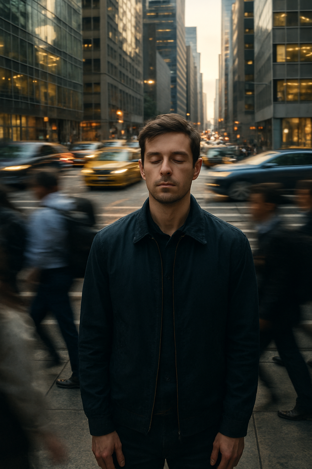 A city street at rush hour, blurred crowds and cars moving rapidly in all directi...