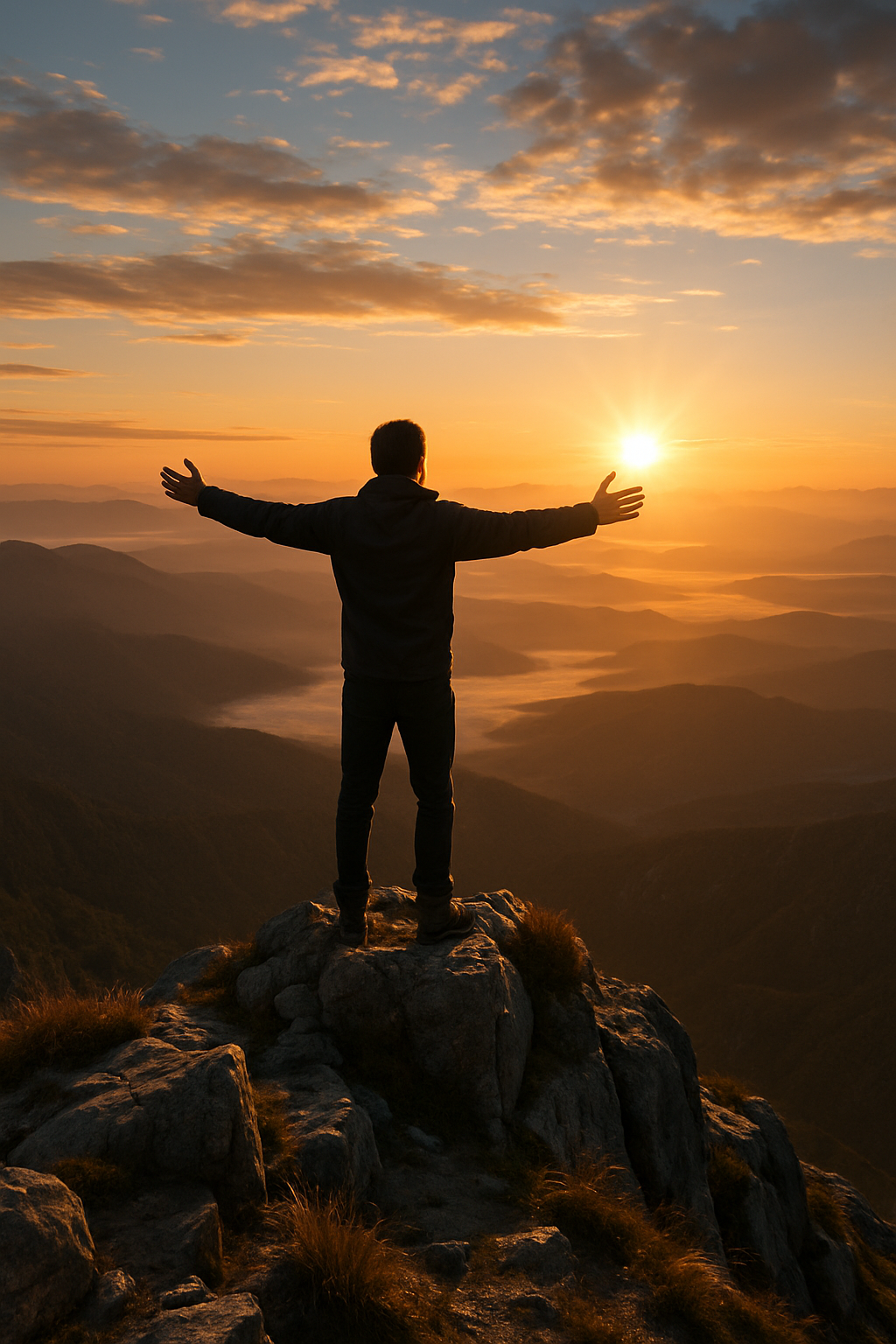 A breathtaking sunrise over a mountaintop, the figure now standing confidently at...
