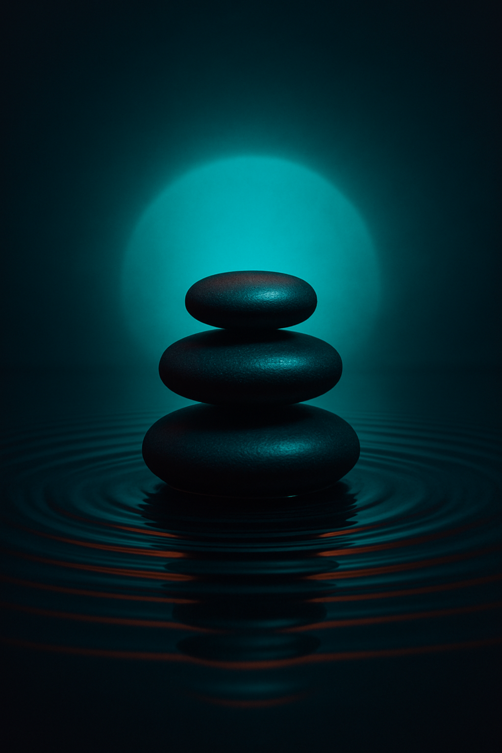 Three smooth black stones stacked on a glass surface with water ripples around, i...