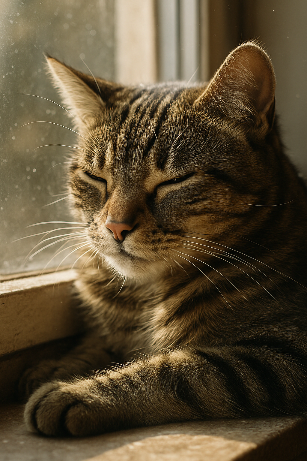 A close-up, ultra-detailed photo of a tabby cat resting on a sunlit windowsill, i...