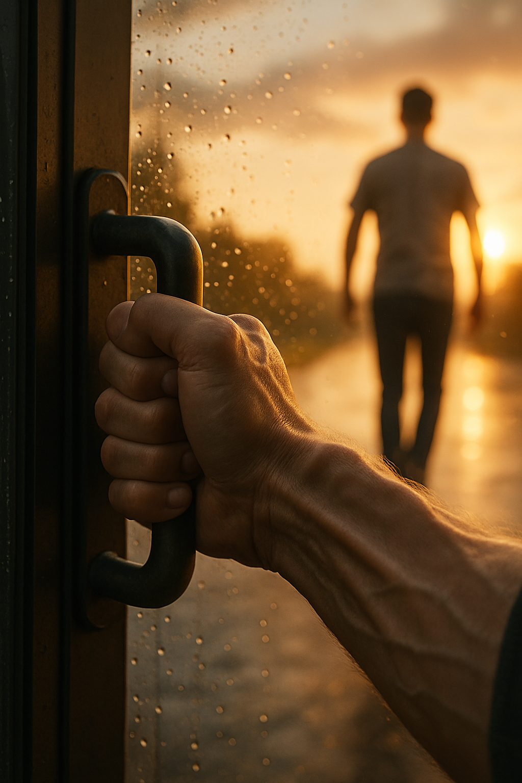 Extreme close-up of their hand gripping a heavy door handle, veins visible, the o...
