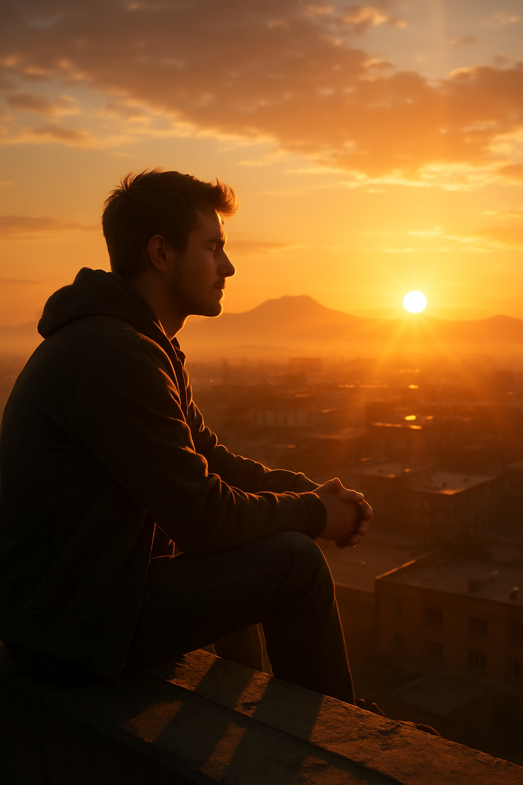 A photorealistic young man sitting alone on a rooftop at sunrise, looking at the ...