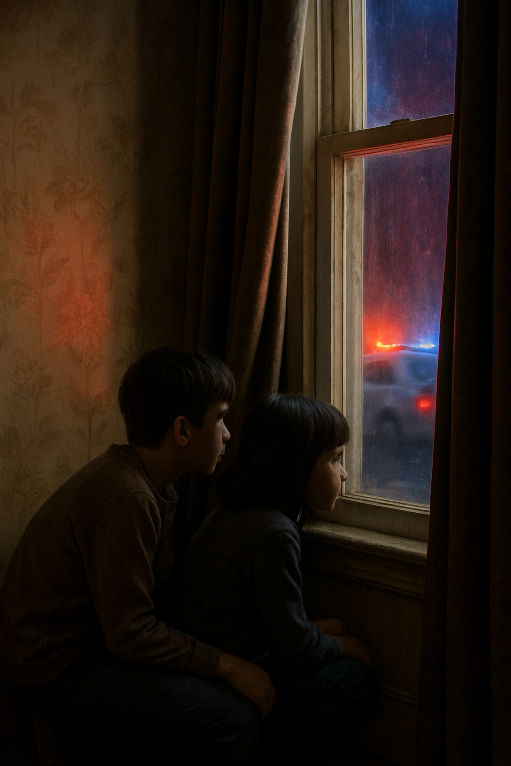 Through the living room window, red and blue police lights streak across faded wa...