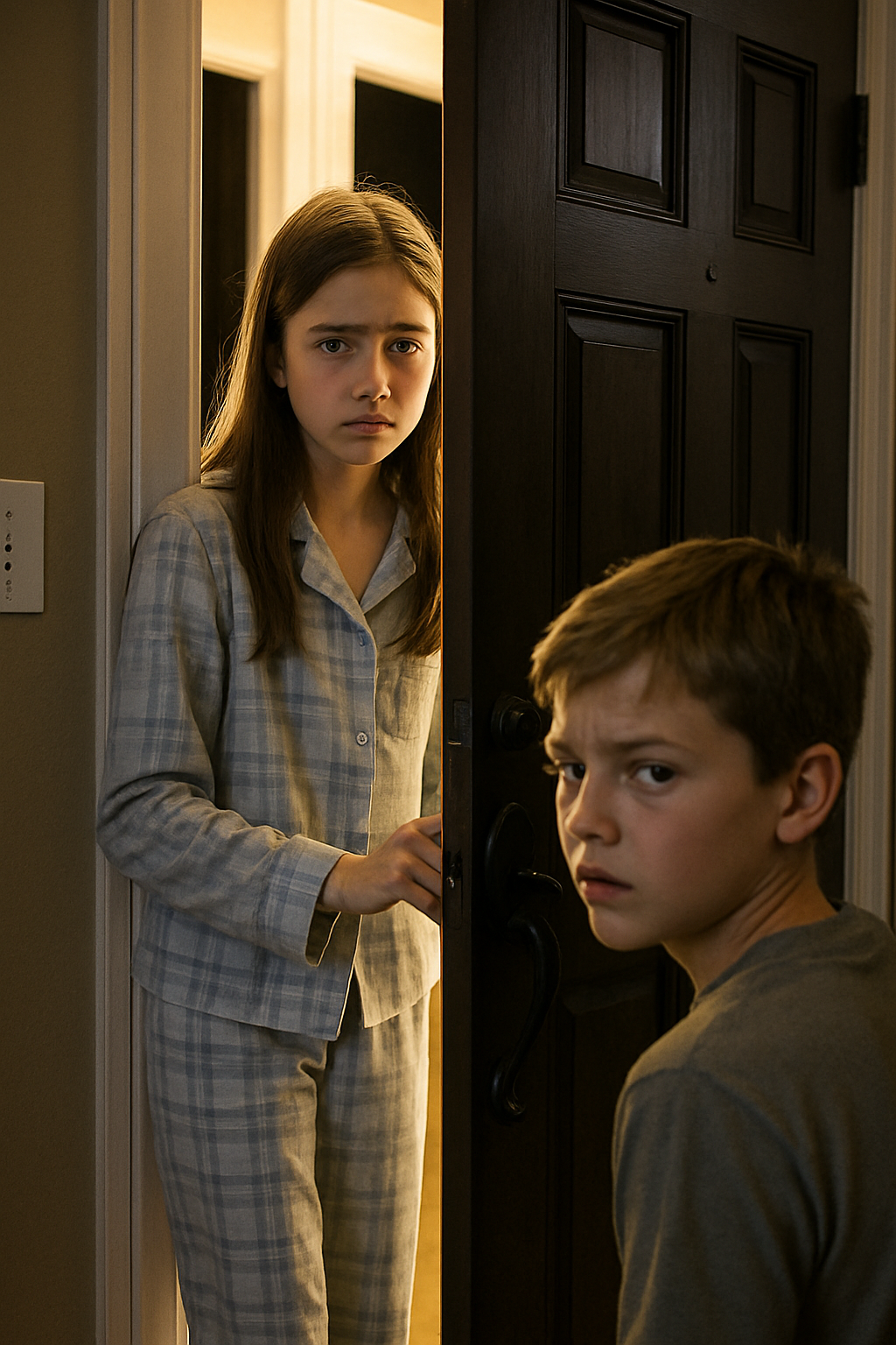 A young girl, about twelve, opens the front door slightly, peering out with conce...