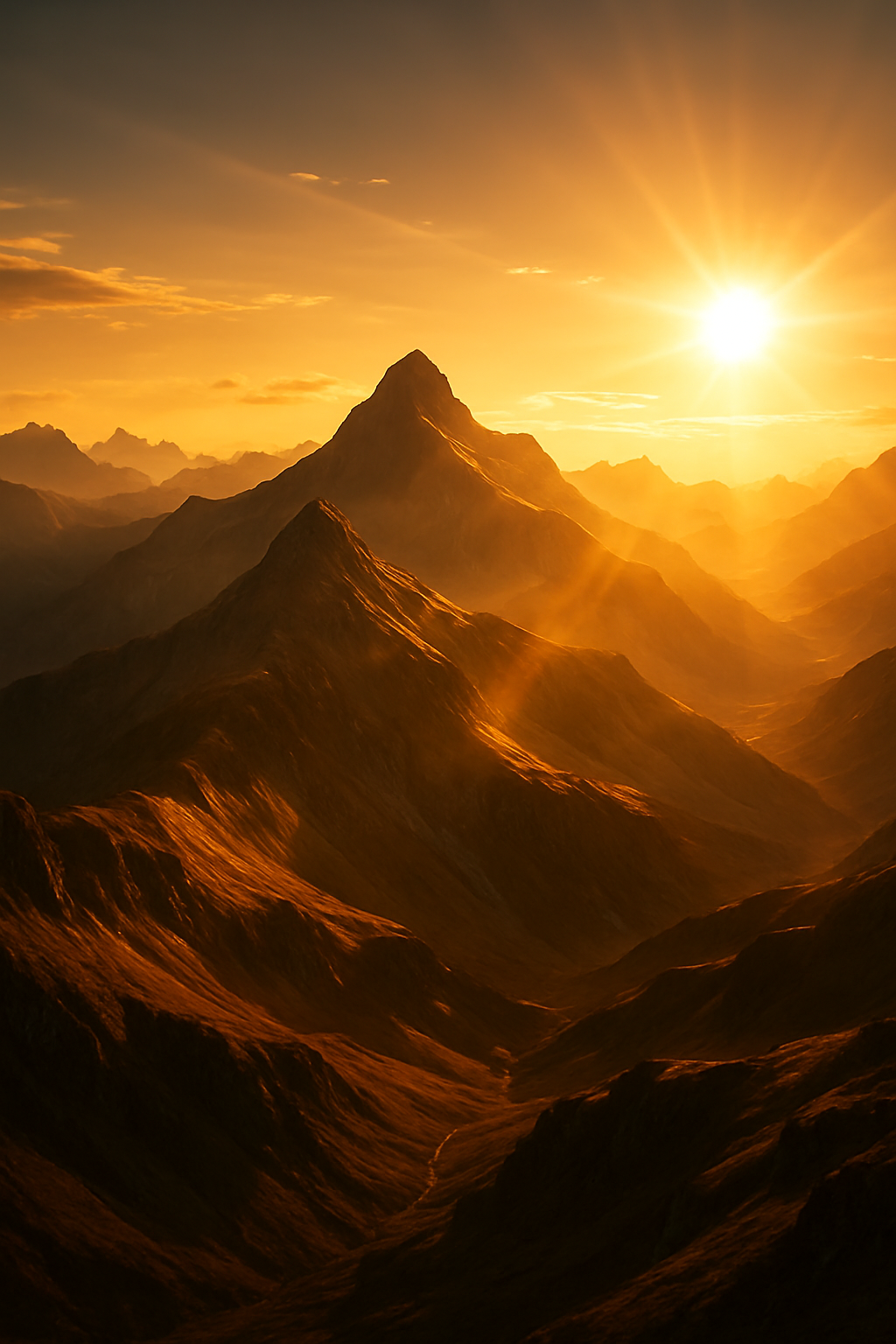 A breathtaking, photorealistic cinematic scene at golden hour: a vast mountain ra...