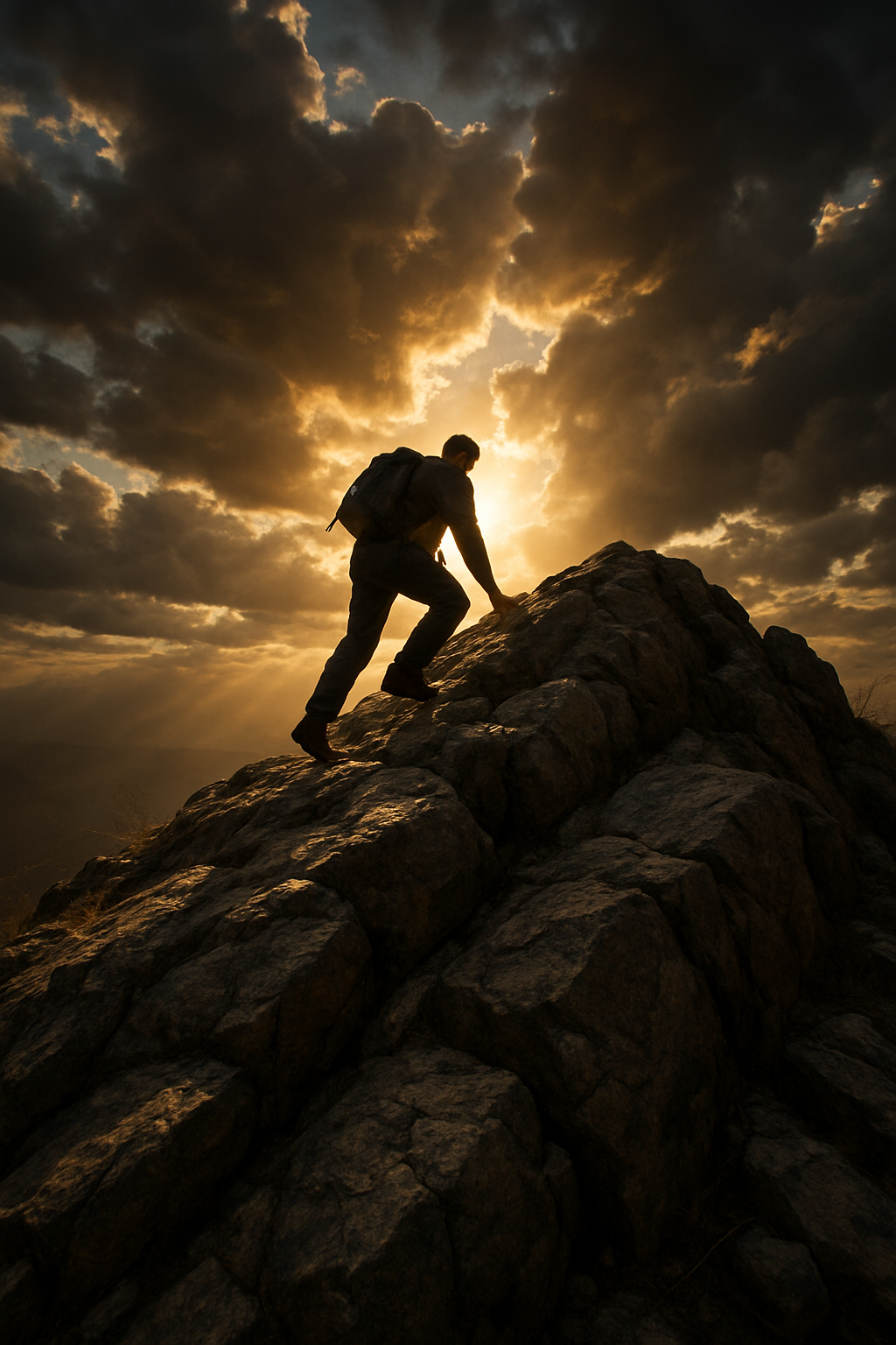 A man climbing a rocky hill alone, almost at the top, with the sun behind him bre...