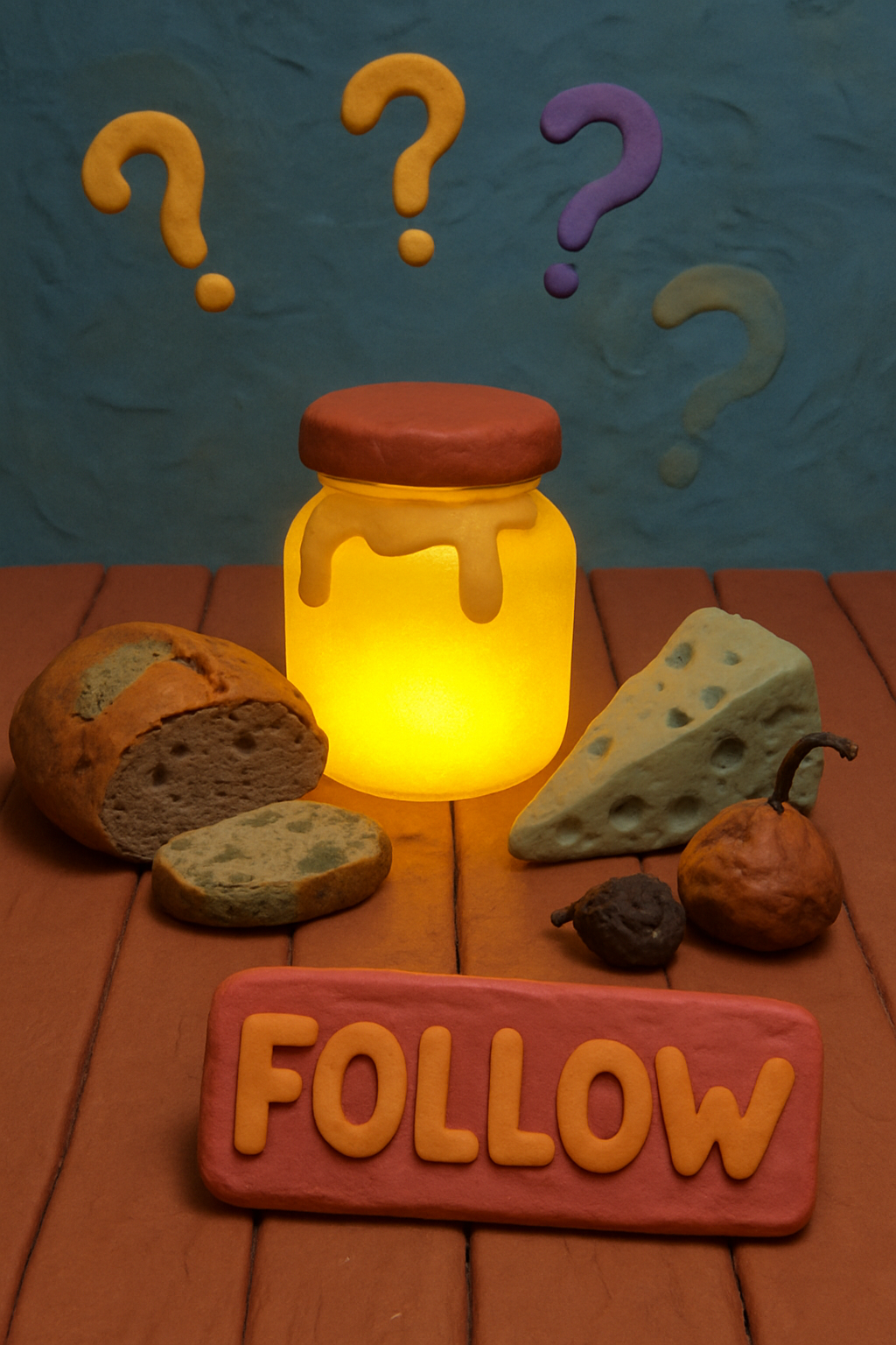 Animated clay table with various foods: honey jar glowing, other foods (bread, ch...