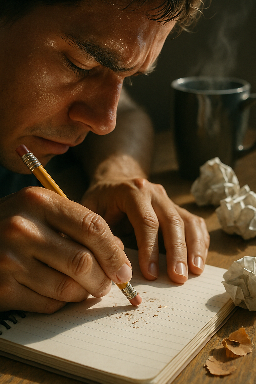 Close-up of the person's hands erasing a mistake in a notebook, sunlight highligh...