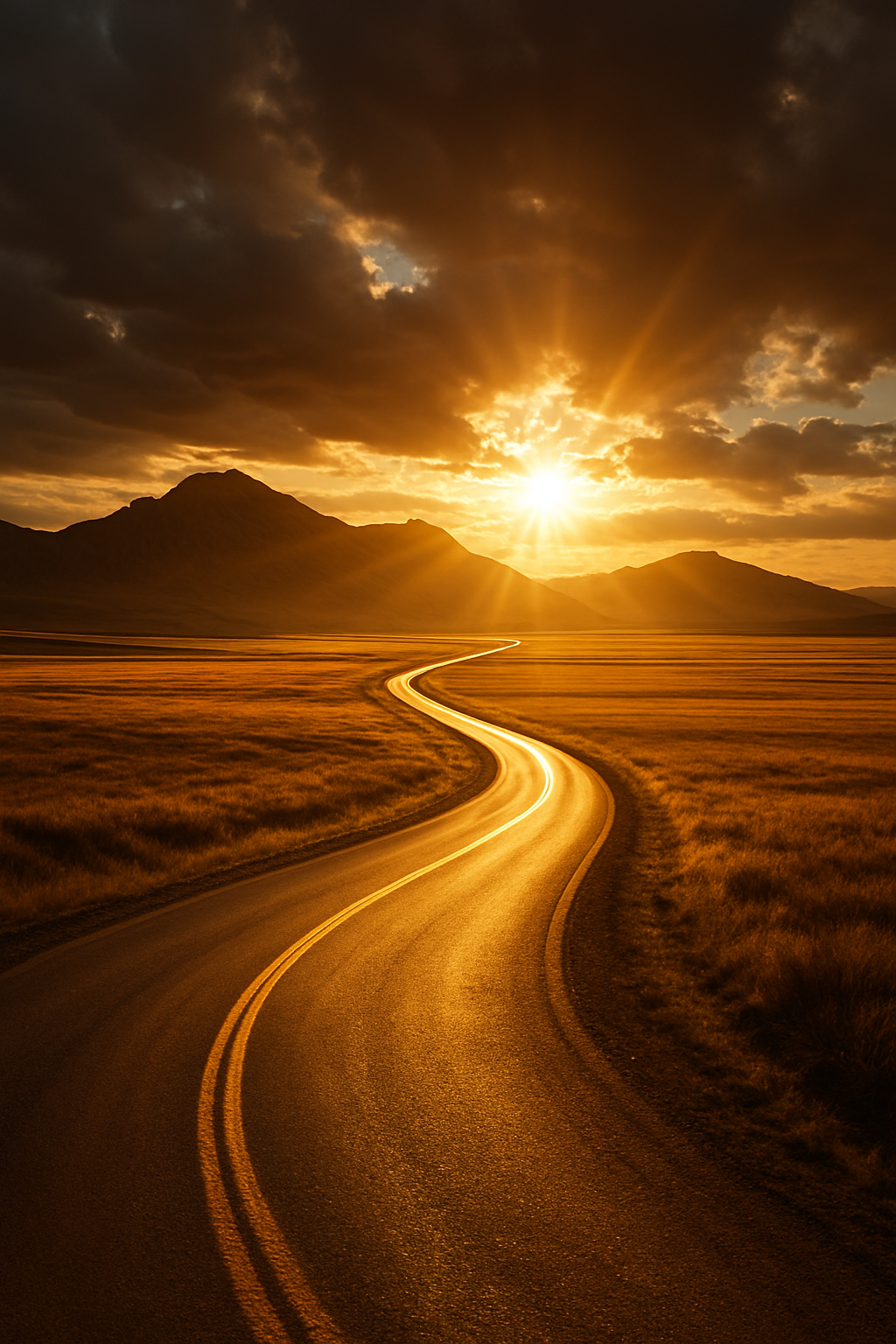 A golden road winding through wide open fields, stretching toward the radiant hor...