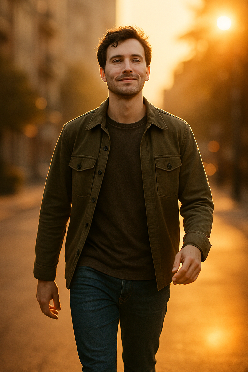 The same person takes their first step forward, golden sunlight illuminating thei...