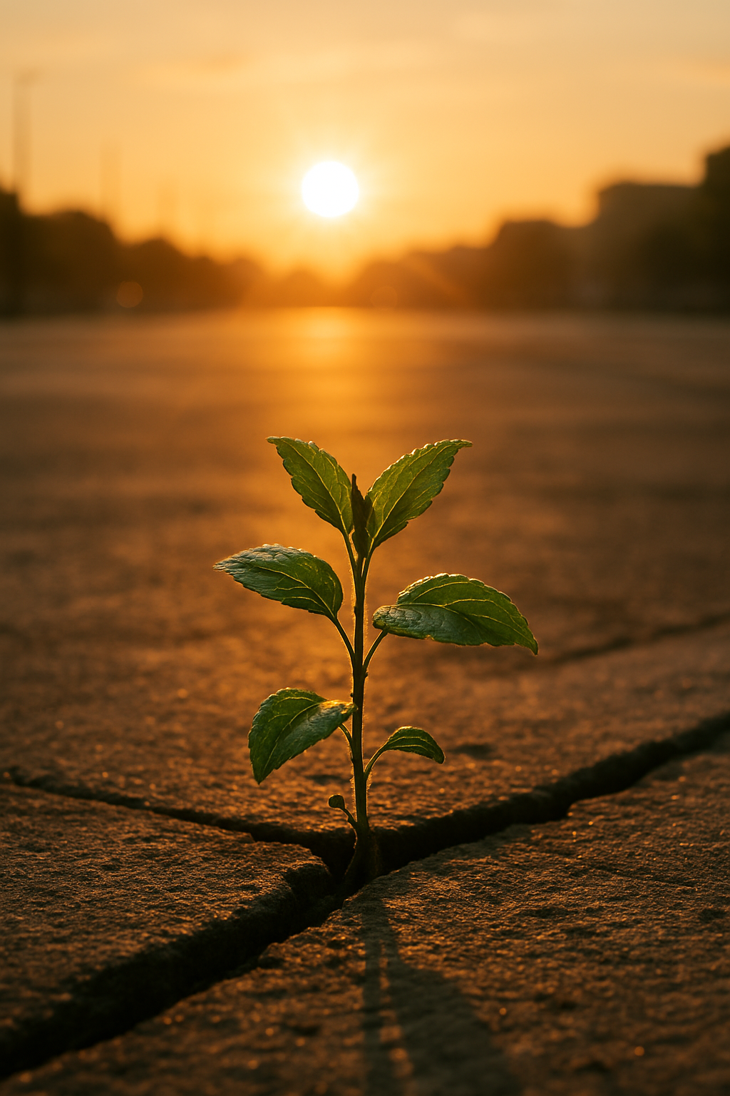 A small plant sprouting from a crack in concrete pavement, bathed in soft golden ...