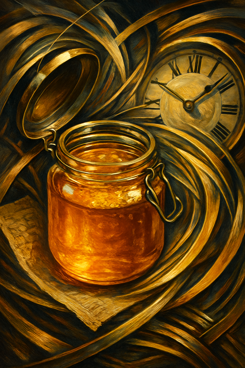 A close-up view of a golden honey jar with its lid open, surrounded by swirling, ...