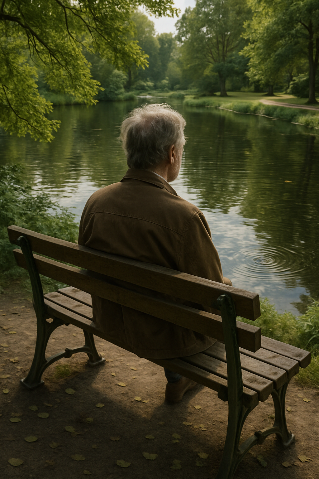 The same figure now seated on a quiet park bench, surrounded by tranquil greenery...