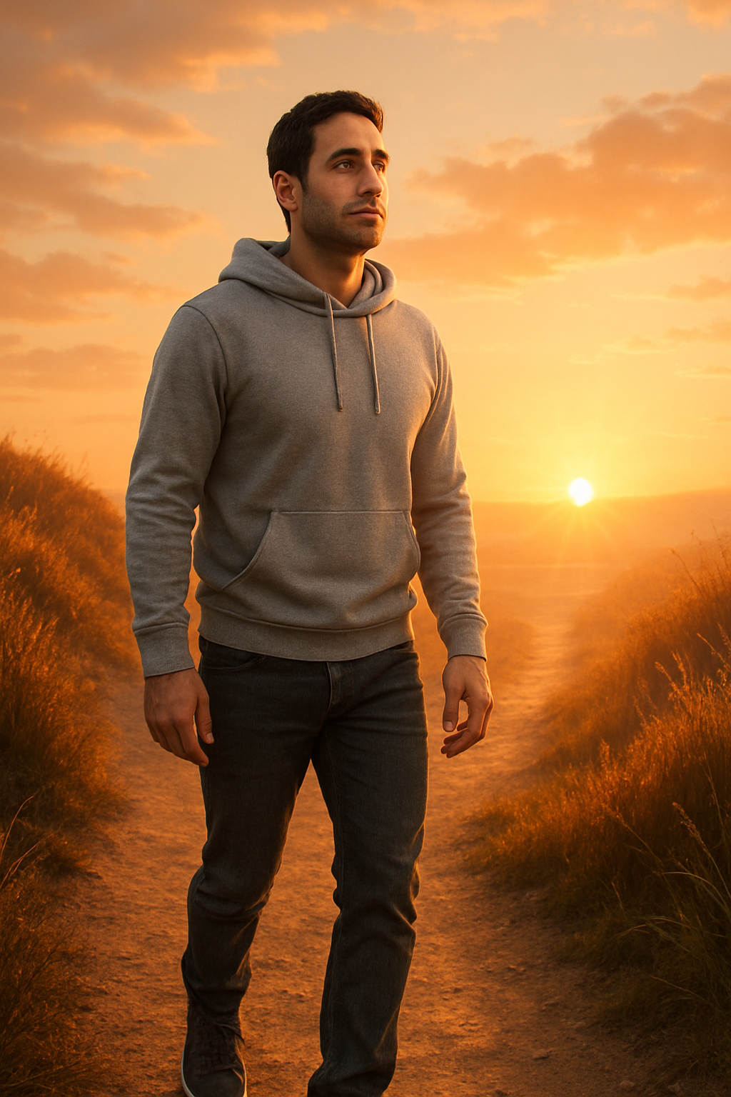 At golden hour's peak, the man stands near the top of the path, a radiant sunrise...