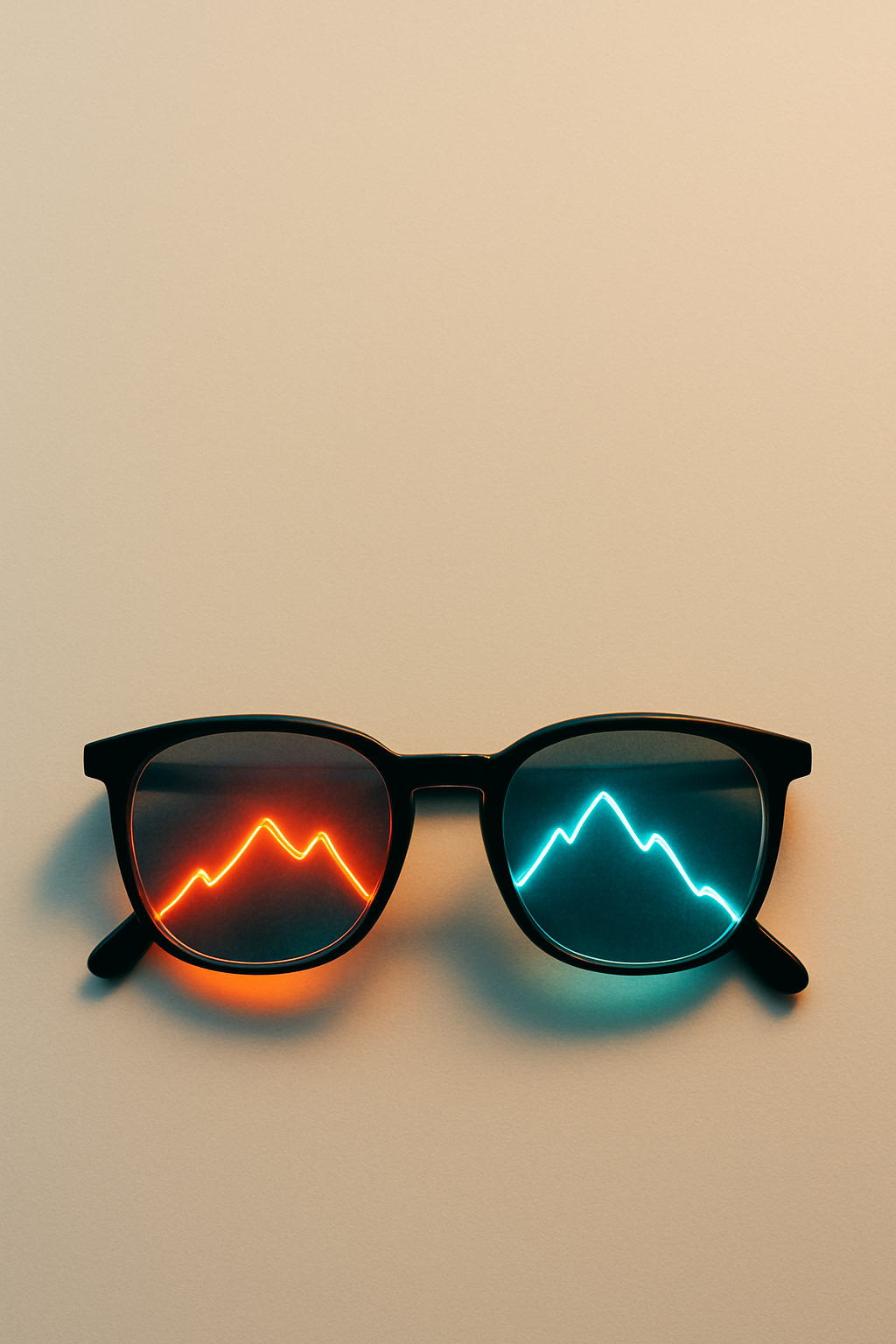 A minimal white surface with a pair of sleek eyeglasses and a glowing neon outlin...