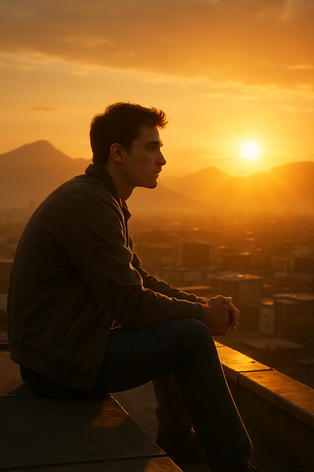 A photorealistic young man sitting alone on a rooftop at sunrise, looking at the ...