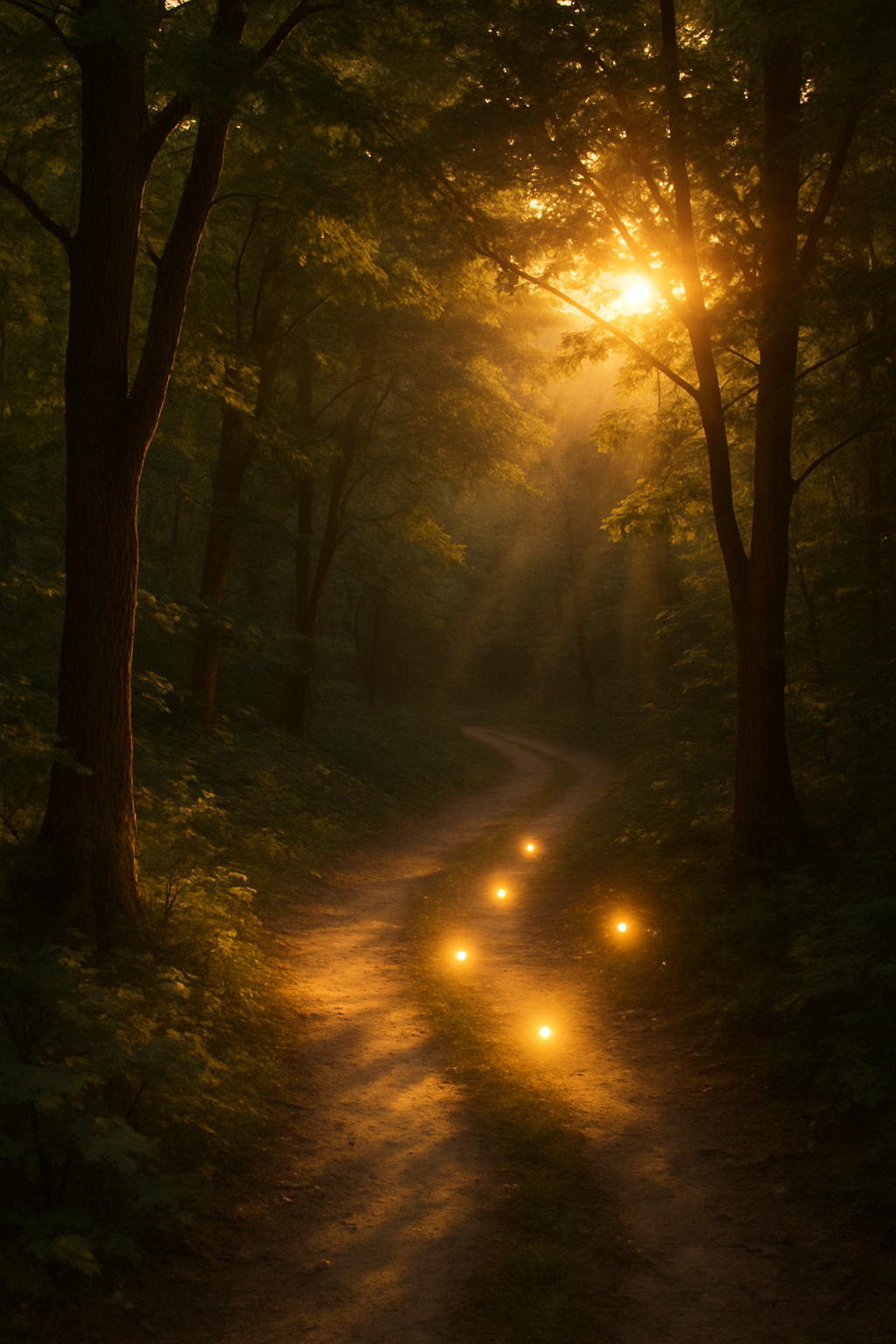 A winding forest path bathed in golden sunlight, the glowing spark now splits int...