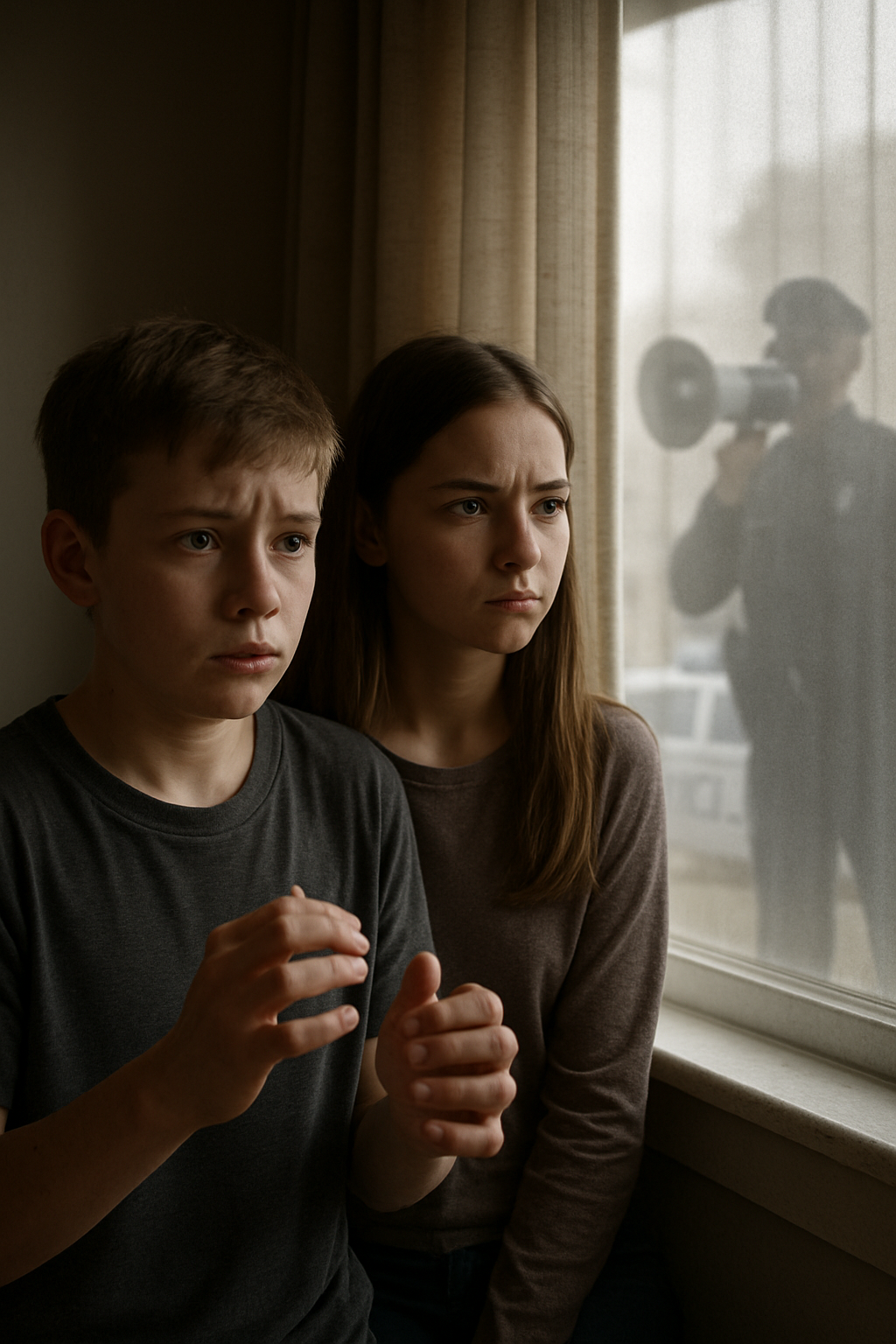 View from inside the house, showing the siblings startled as a voice booms from a...