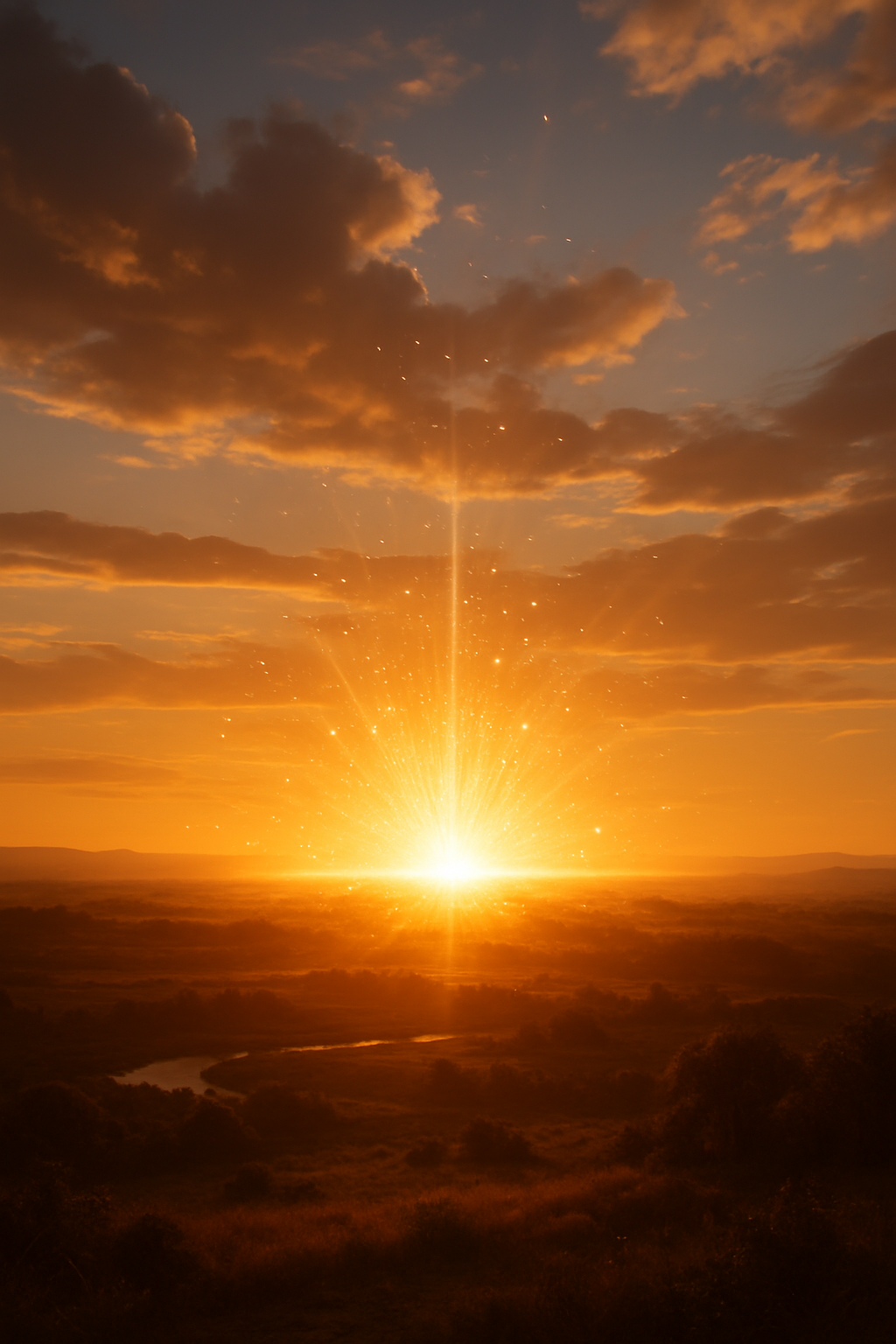 An ethereal sky at golden hour, the glowing sparks merge into a radiant light, il...